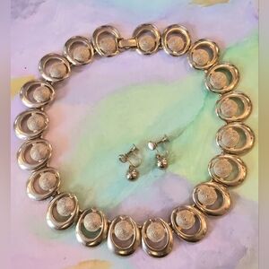 Bold Retro Gold Chunky Panel Necklace With Dangle Bead Earrings